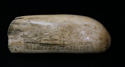 ANTIQUE SCRIMSHAW WHALE TOOTH,