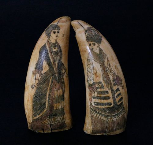 PAIR OF ANTIQUE SCRIMSHAW AND POLYCHROME