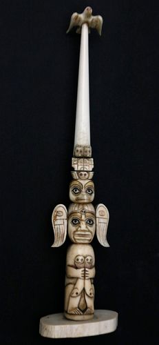 CARVED WALRUS IVORY NORTHWEST TOTEM 37df09