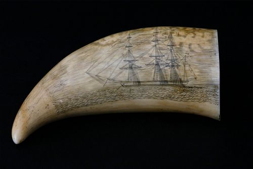 ANTIQUE SCRIMSHAW SPERM WHALE TOOTH,