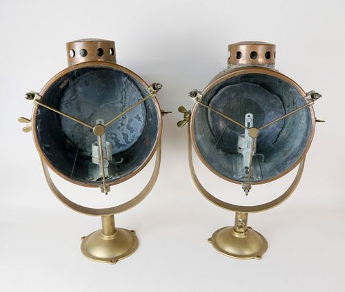 PAIR OF COPPER AND BRASS SHIPS SPOTLIGHTS,