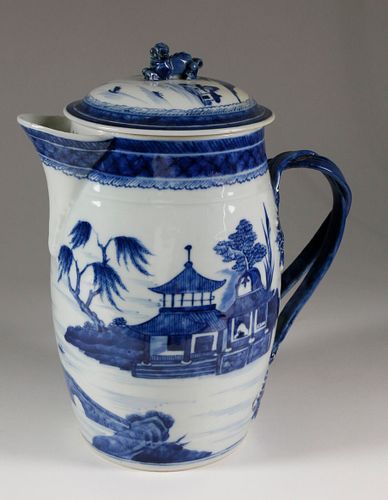 CANTON BLUE AND WHITE CIDER PITCHER,