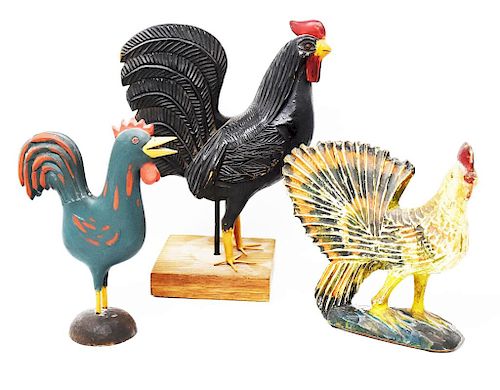 3 CARVED WOODEN CHICKENS3 carved