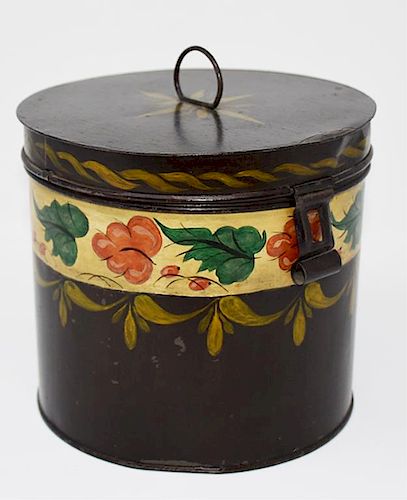 TOLE DECORATED TIN HINGED LID BOXTole