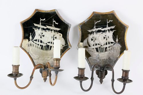 PAIR OF ETCHED MIRROR-BACK TWO-LIGHT