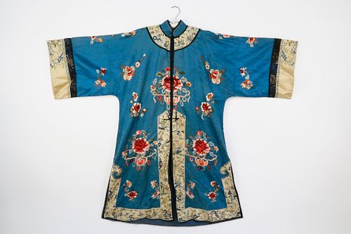 CHINESE PEACOCK BLUE SILK BROCADE