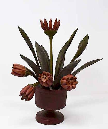 CARVED WOODEN POT OF FLOWERS BY