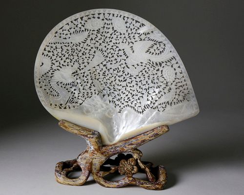 CHINESE CARVED ABALONE SHELL ON