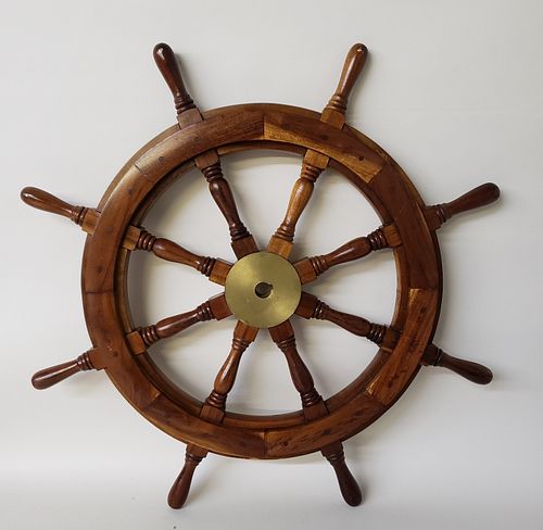 VINTAGE TEAK AND BRASS SHIP S WHEELVintage 37e359