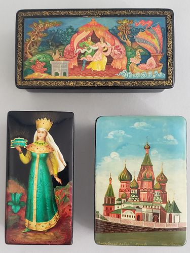 THREE RUSSIAN HAND PAINTED LACQUERED