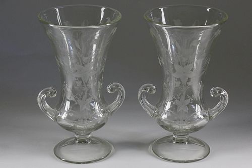 PAIR OF ETCHED GLASS FLOWER VASES  37e3dc