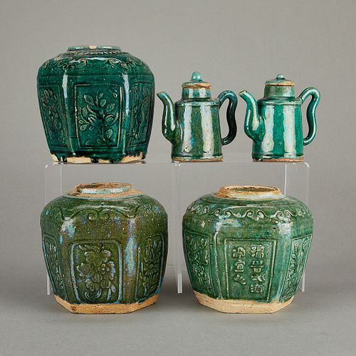 5 CHINESE GREEN COPPER GLAZE CERAMIC