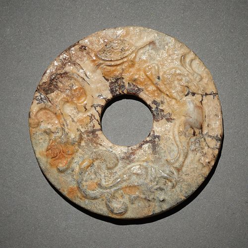 ARCHAIC CHINESE CARVED JADE BI 37e444