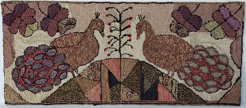 FOLK ART HOOKED RUG WITH TWO PEACOCKS  37e4ee