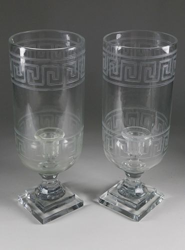 PAIR OF ETCHED GLASS GREEK KEY 37e56f