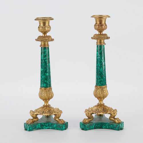 PAIR OF MALACHITE & BRASS CANDLESTICKSPair