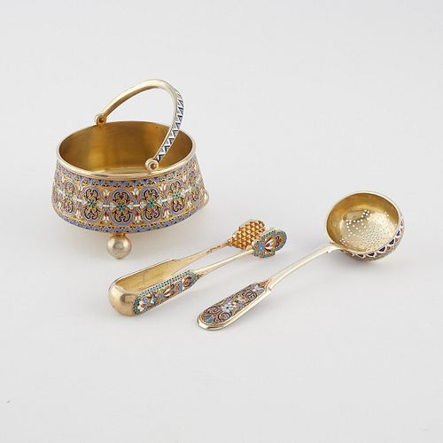 3 PCS RUSSIAN ENAMEL SILVER TEA