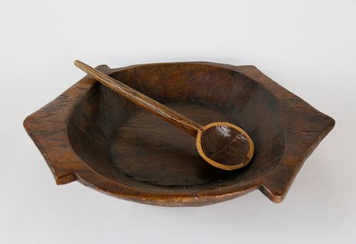 LARGE CARVED WOOD SERVING BOWL AND SPOONLarge