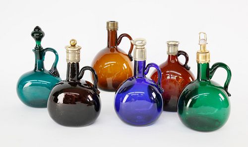 SIX HAND-BLOWN COLORED GLASS CRUETS,