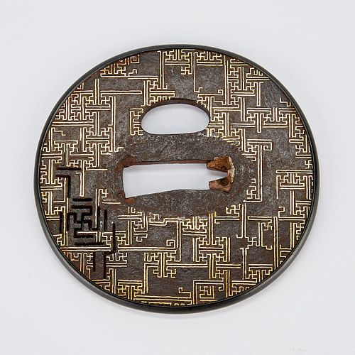 JAPANESE IRON TSUBA SWORD GUARD W/ GOLD