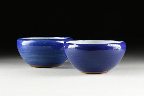 TWO CHINESE MONOCHROME BLUE GLAZED