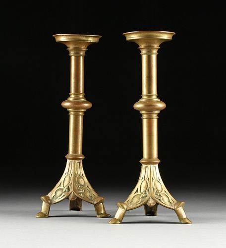 A PAIR OF NEO-GOTHIC BRONZE CANDLESTICKS,