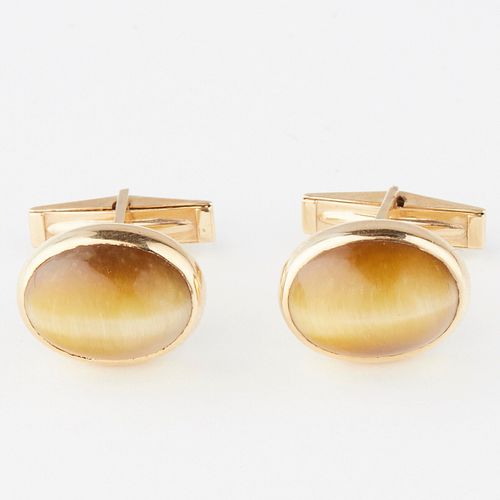 PAIR OF OVAL 14K GOLD & TIGER EYE