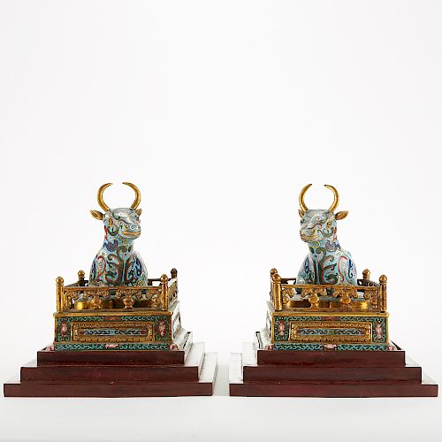 PAIR CHINESE CLOISONNE BULLS W/