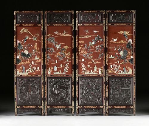 A CHINESE RED LACQUERED FOUR PANEL 381825