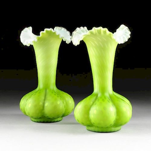 A PAIR OF BRIGHT GREEN LOBED SATIN