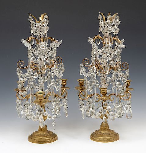 PAIR OF CRYSTAL AND 3 LIGHT CANDELABRA  381e80