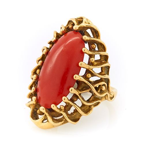 18K YELLOW GOLD RED CORAL BRUTALIST 381ef4