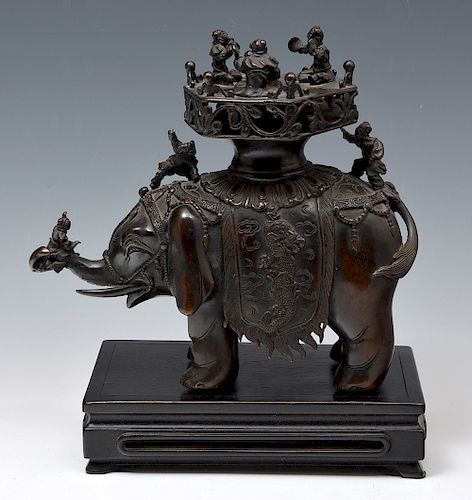 CHINESE BRONZE ELEPHANT WITH FIGURES