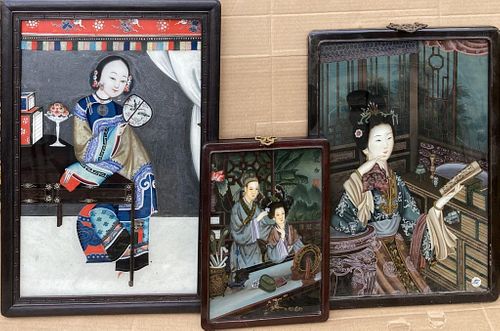 GROUP THREE CHINESE REVERSE PAINTINGS