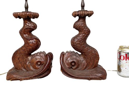 PAIR CARVED WOODEN DOLPHIN FORM 38201c