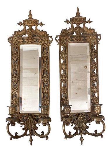 PAIR MIRRORED BRASS TWO LIGHT WALL 3820ff