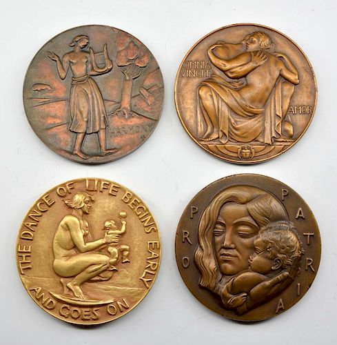 GROUPING OF FOUR BRONZE MEDALLIONS,