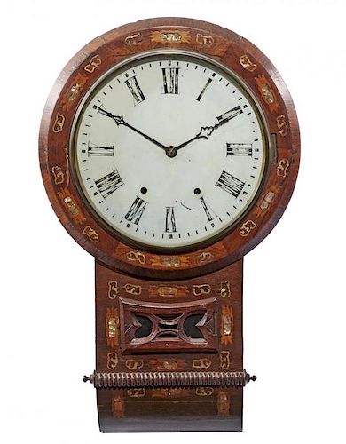 19TH C MAHOGANY SCHOOL CLOCK WITH INLAY,