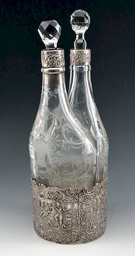 FINE TWO-BOTTLE ETCHED GLASS DECANTERS