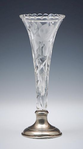 CUT CRYSTAL TRUMPET VASE WITH STERLING 3821b6