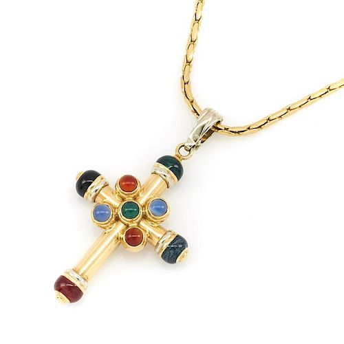 14K YELLOW GOLD AND GEMSTONE CROSS 38220a