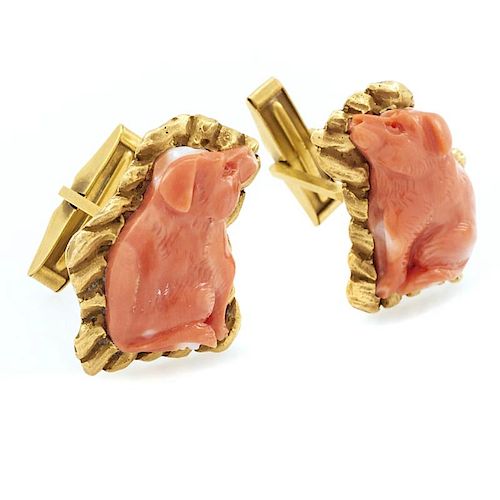 14K YELLOW GOLD AND CORAL PIG CUFFLINKS 14k 38220d