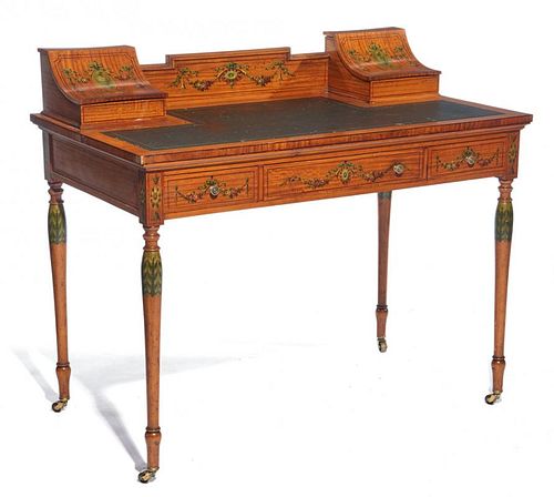 EDWARDIAN DECORATED MAHOGANY DESKEdwardian