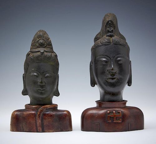 GROUPING OF TWO BRONZE BUDDHA HEADS