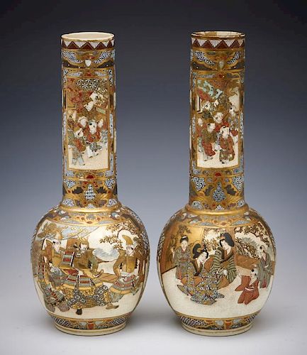 PAIR OF SATSUMA PENCIL NECK VASES  382290