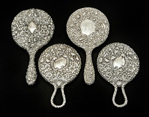 4 STERLING REPOUSSE HAND MIRRORS4 382359