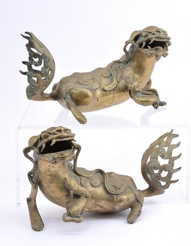 PAIR OF CHINESE BRASS PLAYFUL FU