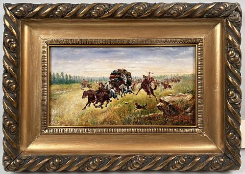 SIGNED O/C WESTERN STAGECOACH SCENESigned