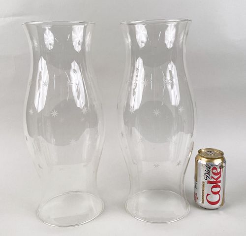 VINTAGE PAIR ETCHED GLASS HURRICANE