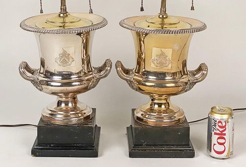 PAIR SILVER PLATED CAMPANA URN